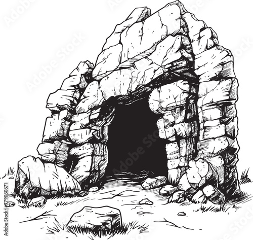 Ancient Sanctuary Stone Cave Vector Emblem Design Primeval Refuge Prehistoric Stone Cave Logo Symbol