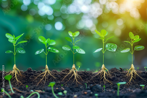 Seedlings of various plants with roots visible, growing in soil