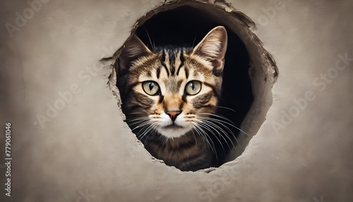 uriosity Captured: Adorable Cat Peeking Out from a Hole photo