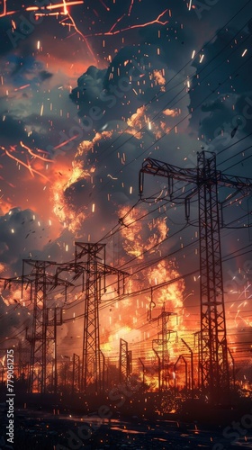 Electrical substations with sparks flying, resembling miniature lightning storms, as a wildfire approaches at dusk, 3D illustration