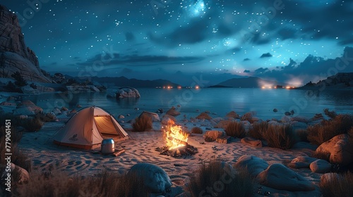 Camping  camp fire  under night sky. Generative AI.