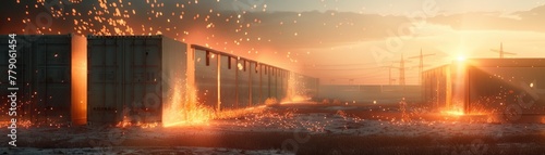 A battery storage facility with an electrical fire breaking out, illuminating the surrounding area with intense light flashes, 3D illustration photo