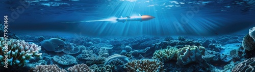 The silent flight of a missile over a coral reef, the water glowing with bioluminescent organisms below, 3D illustration