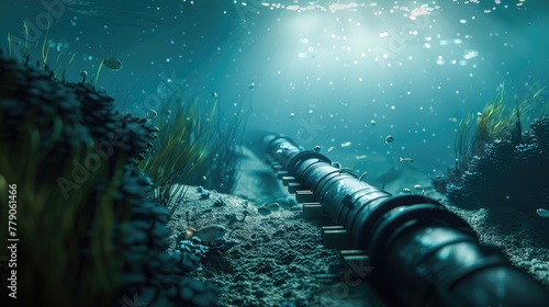 The unseen lifeline of the internet, a submarine fiberoptic cable surrounded by curious deep-sea fauna, in a hyperrealistic underwater setting, 3D illustration