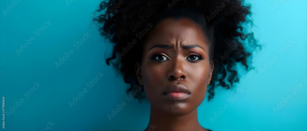Perplexed Woman on Blue: Expression of Doubt. Concept Portrait Photography, Female Model, Emotions, Confusion, Fashion - obrazy, fototapety, plakaty 