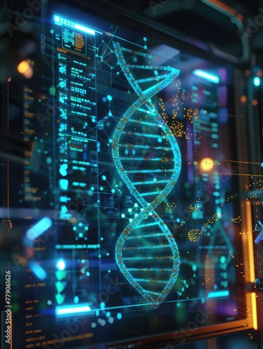A computer interface displaying a DNA helix being manipulated by nanobots, illuminated by the soft glow of the screen in a dark lab, 3D illustration