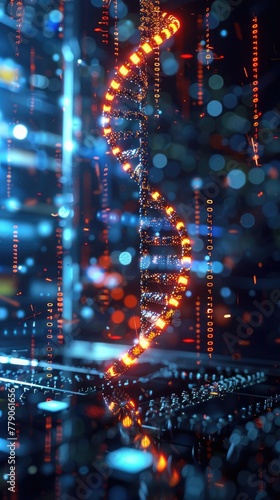 A conceptual representation of a DNA strand intertwined with binary code, displayed on a computer in a shadow-filled tech lab, 3D illustration