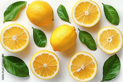 Lemon set of 6, sliced, full, half, with leaves, white background. Generative AI.