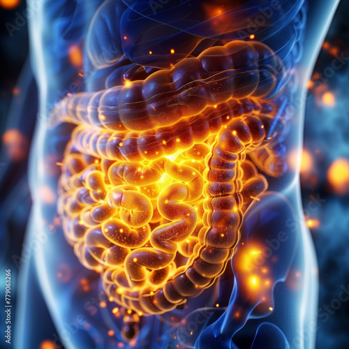 Mal di stomaco umano. problemi digestivi. 3d di intestino umano  photo