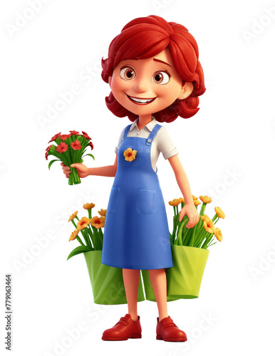 A young girl is holding a bouquet of flowers and wearing a blue apron. A cartoon