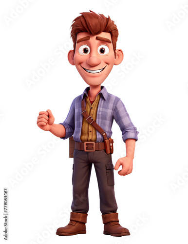 A man with a brown beard and a blue shirt is smiling and holding his hand up. A cartoon
