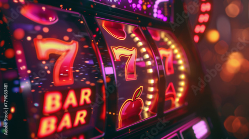 A slot machine with a bar sign and three reels with the number seven on them