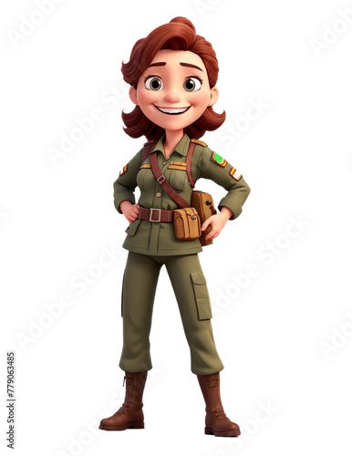 A woman in a military uniform is smiling and holding a backpack. A cartoon
