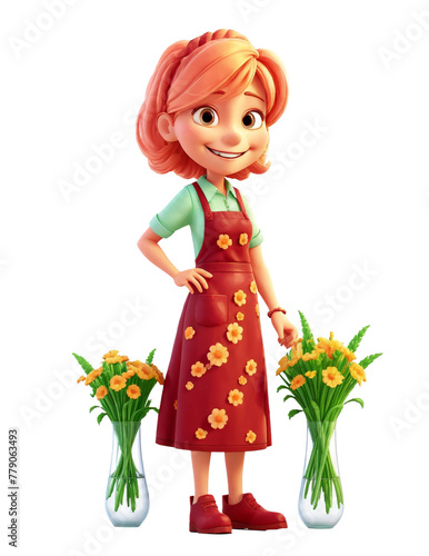 A woman in a red apron is holding a vase of flowers. A cartoon