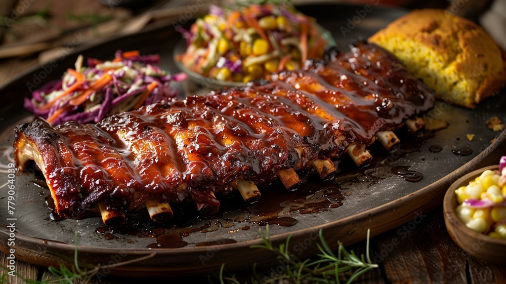 A feast for the senses unfolds with a platter of succulent barbecue ribs, glazed to perfection and accompanied by tangy coleslaw and golden cornbread.