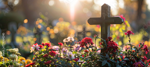 Cross grave with flowers in Catholic cemetery photo
