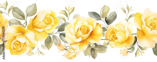 Yellow roses watercolor clipart on white background, defined edges floral flower pattern background with copy space for design text or photo backdrop minimalistic © Celina