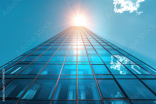 A modern skyscraper  shot from a low angle to emphasize its height and grandeur