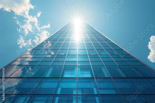 A modern skyscraper  shot from a low angle to emphasize its height and grandeur
