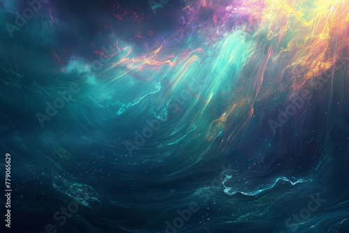 A colorful, swirling ocean with a bright yellow sun in the background