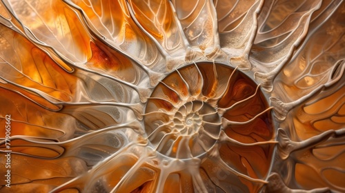 Close-Up View of a Spiral Fossil Ammonite With Intricate Patterns and Warm Tones