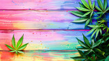 Colorful painted wooden background with cannabis leaves at the corners, symbolizing creativity or diversity in cannabis culture.
