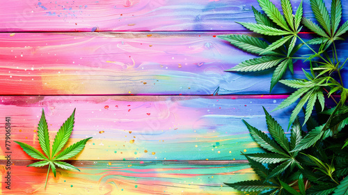 Colorful painted wooden background with cannabis leaves at the corners, symbolizing creativity or diversity in cannabis culture. photo