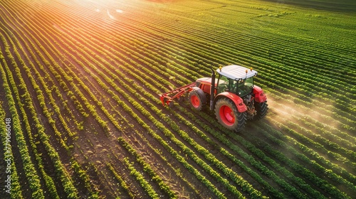 Aerial View of Tractor Fertilizing Cultivated Agricultural Field: A Glimpse into Modern Farming Practices