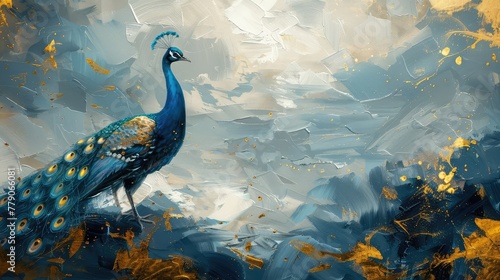 Artistic Background Featuring a Peacock, Retro and Nostalgic, with Golden Brushstrokes and Textured Oil Finish