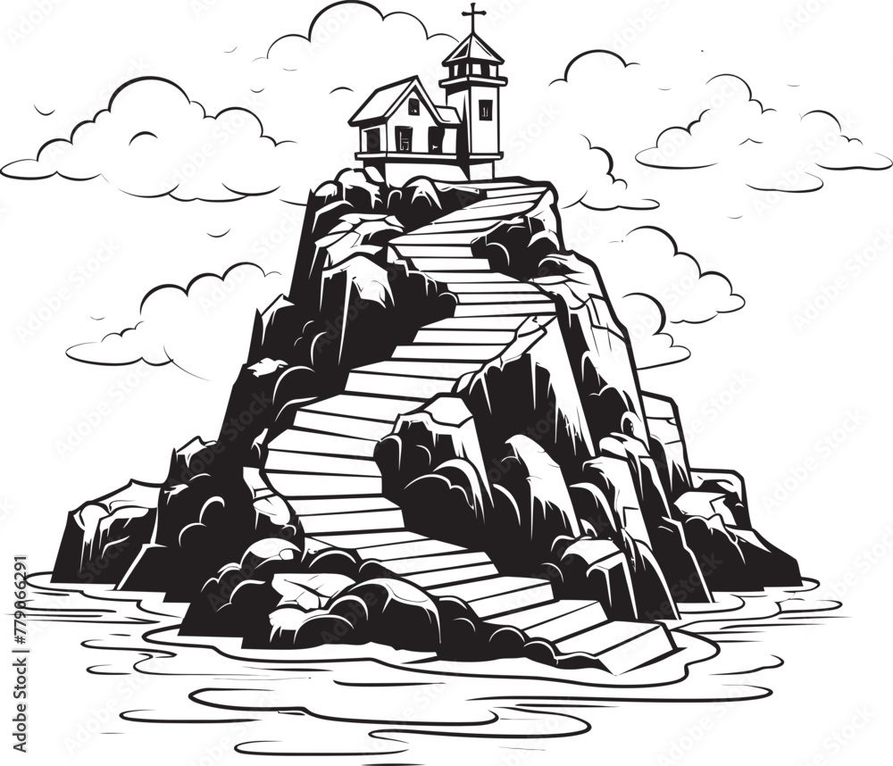 Seaside Sanctuary Stair Symbol on Rocky Island Logo Island Ascent Stair Logo Design on Rocky Outcrop - obrazy, fototapety, plakaty 