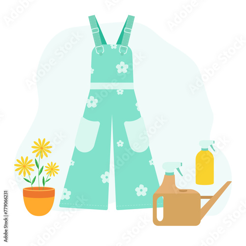 Garden. Vector image of garden clothes and flowers in a pot with watering cans and a sprayer for watering. Set of icons. Flat design.