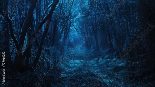 Panoramic View of a Scary Dark Forest at Night, Illuminated by a Mysterious Blue Light, A Gloomy Landscape in a Fairy Tale World