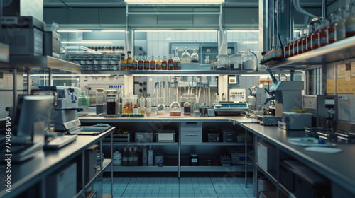 A modern food research laboratory with analytical instruments and testing equipment, momentarily still but ready to analyze food samples for quality control
