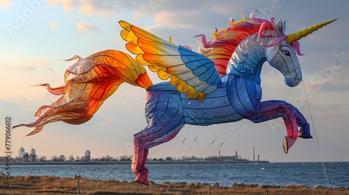 A mystical unicorn kite prancing through the air, its mane and tail flowing behind it in the wind photo