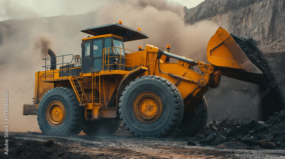 Powerful wheel loader or bulldozer working on a quarry or construction site. coal dust