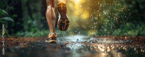 Running shoes splashing water on a forest trail - Close-up of running shoes hitting a water puddle, creating a dynamic splash on a serene forest trail