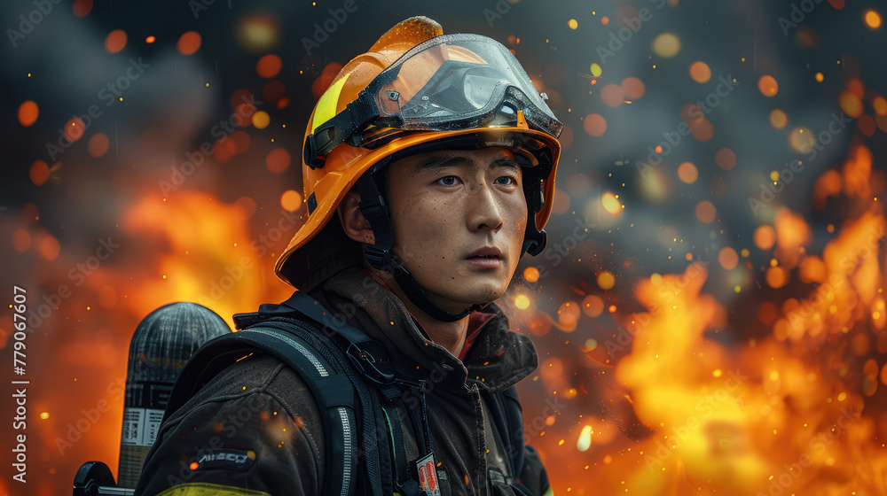 Portrait of a male Chinese firefighter with a background of flames and smoke, the firefighter is wearing a yellow fire hat and a black fire suit. Generative AI. Portrait of a male Chinese firefighter with a background of flames and smoke, the firefighter is wearing a yellow fire hat and a black fire suit. Generative AI.
