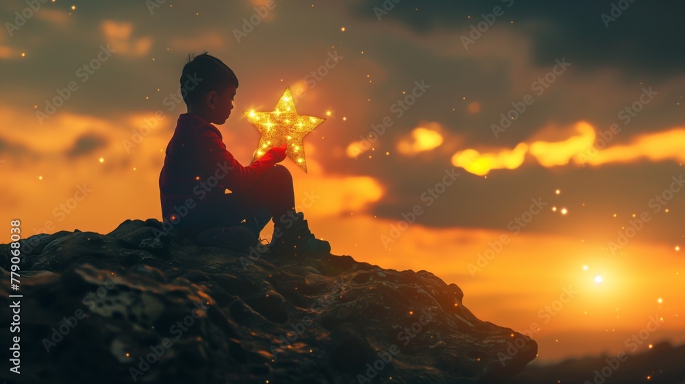 A young boy is holding a glowing star in his hand while sitting on a rock A young boy is holding a glowing star in his hand while sitting on a rock