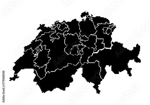 Mapa negro de Suiza en fondo blanco.