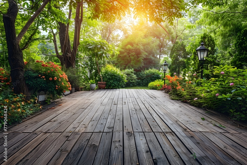 wooden deck wood backyard outdoor patio garden landscaping. Outdoor empty wooden patio with balustrade and lamp post in garden. Wood deck and backyard landscaping of house. wooden deck wood backyard outdoor patio garden landscaping. Outdoor empty wooden patio with balustrade and lamp post in garden. Wood deck and backyard landscaping of house.