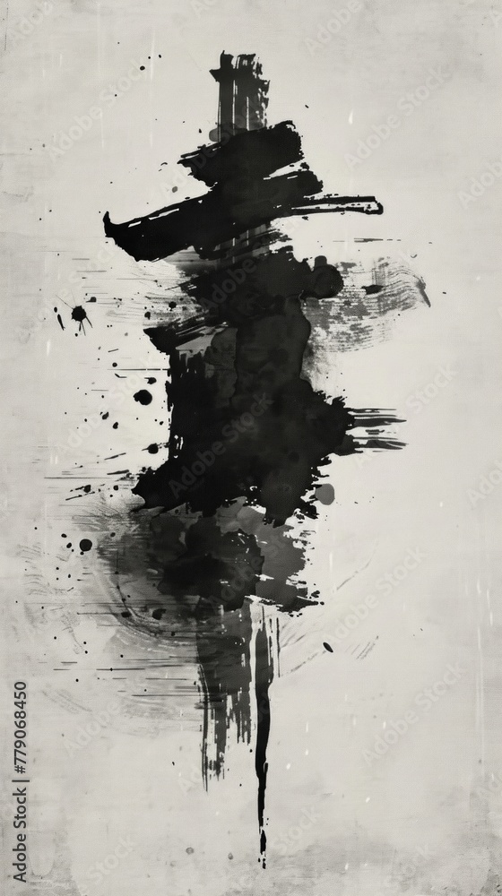 Vertical Black Abstract Paint Brushwork on White Vertical Black Abstract Paint Brushwork on White