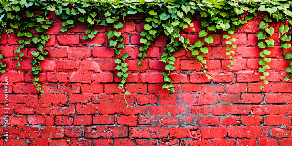 Red brick wall partially covered with green ivy leaves, displaying a contrast between nature and human-made structures. Red brick wall partially covered with green ivy leaves, displaying a contrast between nature and human-made structures.