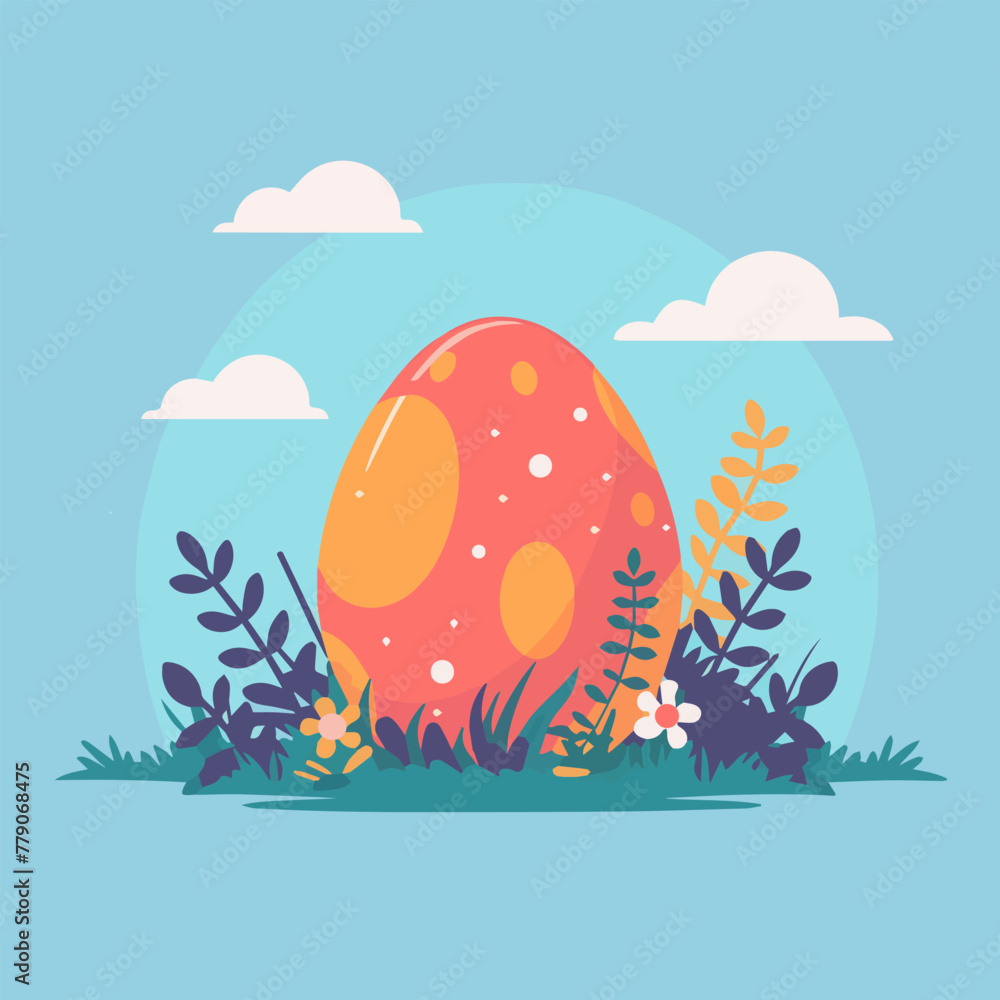 Fototapeta premium Decorative Easter egg on grass with blue background and clouds, vector illustration