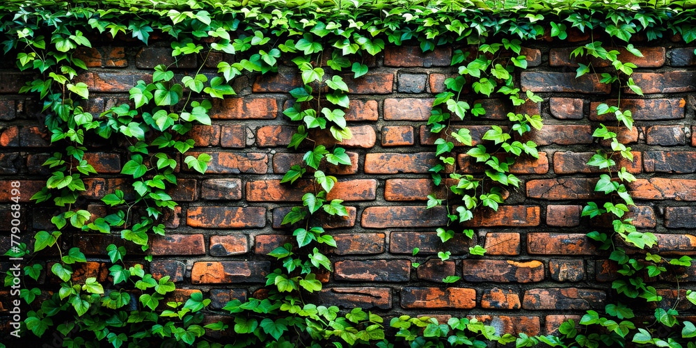 Old brick wall partially covered with ivy, showcasing a contrast between man-made structure and nature's resilience. Old brick wall partially covered with ivy, showcasing a contrast between man-made structure and nature's resilience.