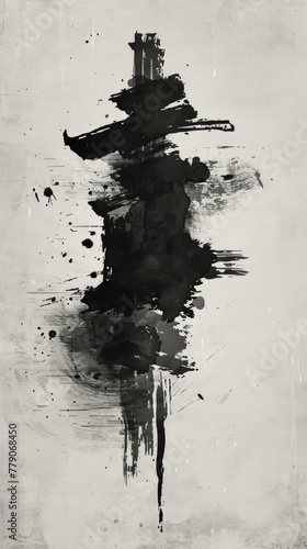 Vertical Black Abstract Paint Brushwork on White