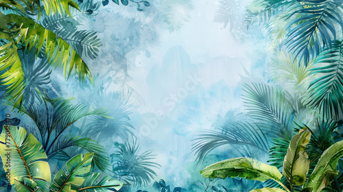 Rigogliose foglie tropicali di colore verde intenso creano un bordo su uno sfondo in stile acquerello   con spazio per il testo.  estate  vacanze   sfondo estivo 