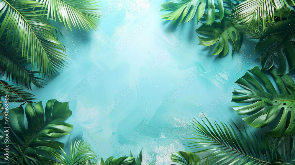 Rigogliose foglie tropicali di colore verde intenso creano un bordo su uno sfondo azzurro  con spazio per il testo, estate, vacanza,  Sfondo tropicale in stile acquerello
