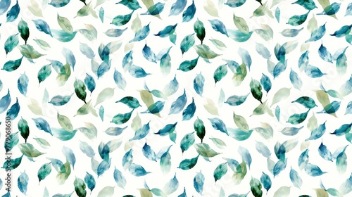 Delicate watercolor leaf flurry, in a fusion of jade and azure, dancing on white,