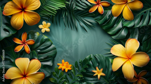 Rigogliose foglie tropicali di colore verde intenso e fiori gialli ibiscus creano un bordo su uno sfondo in stile acquerello,  con spazio per il testo., estate, vacanze , sfondo estivo  photo