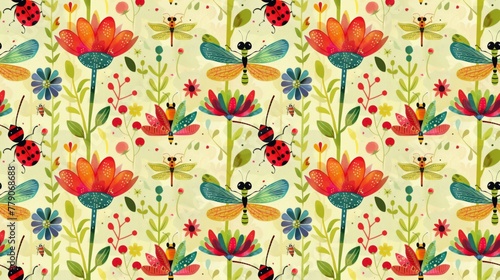 Dragonfly and ladybug friends, garden party, bright colors